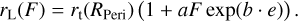 $\[r_{\mathrm{L}}(F)=r_{\mathrm{t}}(R_{\mathrm{Peri}})(1+a F ~\exp (b \cdot e)).\]$
