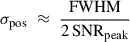 $$ \begin{aligned} \sigma _{\rm pos} \;\approx \; \frac{\mathrm{FWHM} }{2\,\mathrm{SNR} _{\rm peak}} \end{aligned} $$