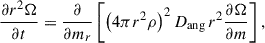 Mathematical equation: $$ \begin{aligned} \frac{\partial r^{2}\Omega }{\partial t} = \frac{\partial }{\partial m_r} \left[\left(4\pi r^{2} \rho \right)^{2} D_{\rm ang} \, r^{2}\frac{\partial \Omega }{\partial m}\right], \end{aligned} $$