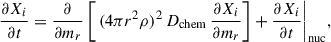 Mathematical equation: $$ \begin{aligned} \frac{\partial X_i}{\partial t} = \frac{\partial }{\partial m_r} \left[\,(4 \pi r^2 \rho )^2\,D_{\rm chem}\, \frac{\partial X_i}{\partial m_r}\right] + \frac{\partial X_i}{\partial t}\bigg |_{\rm nuc}, \end{aligned} $$
