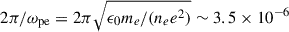 $ 2\pi/\omega_{\mathrm{pe}} = 2\pi \sqrt{\epsilon_0 m_e/(n_e e^2)} \sim 3.5 \times 10^{-6} $
