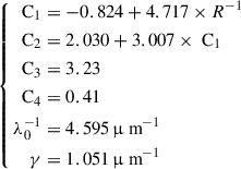$$ \begin{aligned} \left\{ \begin{aligned} \text{ C}_1&= -0.824 + 4.717 \times R^{-1} \\ \text{ C}_2&= 2.030 + 3.007 \times \text{ C}_1 \\ \text{ C}_3&= 3.23 \\ \text{ C}_4&= 0.41 \\ \lambda _0^{-1}&= 4.595 \, \upmu \text{ m}^{-1}\\ \gamma&= 1.051 \, \upmu \text{ m}^{-1} \end{aligned}\right. \end{aligned} $$