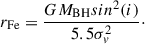 $$ \begin{aligned} r_{\rm Fe} = \frac{GM_{\rm BH} sin^2(i)}{5.5 \sigma _v^2}\cdot \end{aligned} $$