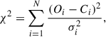 $$ \begin{aligned} \chi ^2 = \sum _{i = 1}^N \frac{(O_i-C_i)^2}{\sigma _i^2}, \end{aligned} $$