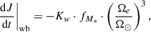 $$ \begin{aligned} \left.\frac{\mathrm{d}J}{\mathrm{d}t}\right|_{\rm wb} = - K_w \cdot f_{M_*} \cdot \left(\frac{\Omega _e}{\Omega _\odot }\right)^3, \end{aligned} $$