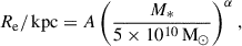 $$ \begin{aligned} R_{\rm e}/\,\mathrm{kpc}=A\left(\frac{M_*}{5\times 10^{10}\,\mathrm{M_\odot }}\right)^{\alpha } ,\end{aligned} $$