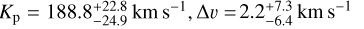 $K_{\mathrm{p}} = 188.8_{-24.9}^{+22.8} \mathrm{~km} \mathrm{~s}^{-1}, \Delta v= 2.2_{-6.4}^{+7.3} \mathrm{~km} \mathrm{~s}^{-1}$