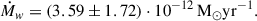 $$ \begin{aligned} \dot{M}_w = \left(3.59\pm 1.72\right) \cdot 10^{-12} \, \mathrm{M} _{\odot }\mathrm{yr} ^{-1}. \end{aligned} $$