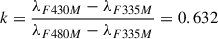 Mathematical equation: $$ \begin{aligned} k=\frac{\lambda _{F430M}-\lambda _{F335M}}{\lambda _{F480M}-\lambda _{F335M}} = 0.632\end{aligned} $$