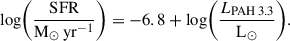 Mathematical equation: $$ \begin{aligned} \log \biggl (\frac{\mathrm{SFR} }{\mathrm{M_\odot \, yr^{-1} }}\biggr )=-6.8+\log \biggl (\frac{L_{\rm PAH\,3.3 }}{\mathrm{L_\odot }}\biggr ). \end{aligned} $$