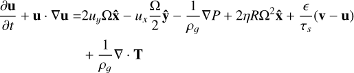 Mathematical equation: $\[\begin{aligned}\frac{\partial \mathbf{u}}{\partial t}+\mathbf{u} \cdot \nabla \mathbf{u}= & 2 u_y \Omega \hat{\mathbf{x}}-u_x \frac{\Omega}{2} \hat{\mathbf{y}}-\frac{1}{\rho_g} \nabla P+2 \eta R \Omega^2 \hat{\mathbf{x}}+\frac{\epsilon}{\tau_s}(\mathbf{v}-\mathbf{u}) \\& +\frac{1}{\rho_g} \nabla \cdot \mathbf{T}\end{aligned}\]$