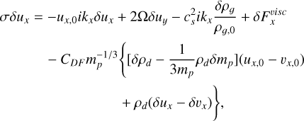 Mathematical equation: $\[\begin{aligned}\sigma \delta u_x= & -u_{x, 0} i k_x \delta u_x+2 \Omega \delta u_y-c_s^2 i k_x \frac{\delta \rho_g}{\rho_{g, 0}}+\delta F_x^{v i s c} \\& -C_{D F} m_p^{-1 / 3}\left\{\left[\delta \rho_d-\frac{1}{3 m_p} \rho_d \delta m_p\right]\left(u_{x, 0}-v_{x, 0}\right)\right. \\&\qquad\qquad\qquad \left.+\rho_d\left(\delta u_x-\delta v_x\right)\right\},\end{aligned}\]$