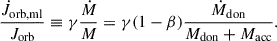 Mathematical equation: $$ \begin{aligned} \frac{\dot{J}_{\rm orb,ml}}{J_{\rm orb}} \equiv \gamma \frac{\dot{M}}{M} = \gamma (1-\beta )\frac{\dot{M}_{\rm don}}{M_{\rm don} + M_{\rm acc}}. \end{aligned} $$