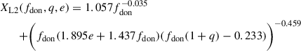 Mathematical equation: $$ \begin{aligned} X_{\rm L2}&(f_{\rm don},q,e) = 1.057f_{\rm don}^{-0.035} \nonumber \\&+\biggr (f_{\rm don}(1.895e+1.437f_{\rm don})(f_{\rm don} (1+q)-0.233)\biggl )^{-0.459} \end{aligned} $$