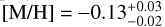 Mathematical equation: $[{\rm{M}}/{\rm{H}}] = - 0.13_{ - 0.02}^{ + 0.03}$