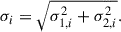 $$ \begin{aligned} \sigma _i = \sqrt{\sigma _{1,i}^2 + \sigma _{2,i}^2}. \end{aligned} $$