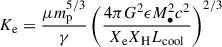 $$ \begin{aligned} K_\mathrm{e}&= \frac{\mu m_\mathrm{p} ^{5/3}}{\gamma } \left(\frac{4\pi G^2 \epsilon M_\bullet ^2 c^2}{X_\mathrm{e} X_\mathrm{H} L_\mathrm{cool} }\right)^{2/3}\end{aligned} $$