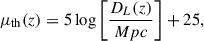 $$ \begin{aligned} \mu _{\rm {th}}(z) = 5\log \bigg [\frac{D_L (z)}{Mpc} \bigg ] + 25, \end{aligned} $$