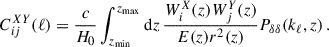 Mathematical equation: $$ \begin{aligned} C^{XY}_{ij}(\ell ) = \frac{c}{H_0}\int _{z_{\rm min}}^{z_{\rm max}}\mathrm{d} z\,{\frac{W_i^X(z)W_j^Y(z)}{E(z)r^2(z)}P_{\delta \delta }(k_\ell ,z)}\,. \end{aligned} $$