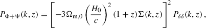 Mathematical equation: $$ \begin{aligned} P_{\Phi +\Psi }(k,z) = \left[-3{\Omega _{\mathrm{m} ,0}} \left(\frac{H_0}{c}\right)^2(1+z)\Sigma (k,z)\right]^2P_{\delta \delta }(k,z)\,, \end{aligned} $$
