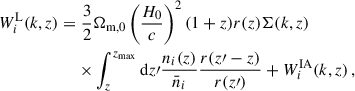 Mathematical equation: $$ \begin{aligned} W_i^\mathrm{L}(k,z) =&\; \frac{3}{2}{\Omega _{\mathrm{m} ,0}} \left(\frac{H_0}{c}\right)^2(1+z)r(z)\Sigma (k,z) \, \nonumber \\&\times \int _z^{z_{\rm max}}{\mathrm{d} z\prime \frac{n_i(z)}{\bar{n}_i}\frac{r(z\prime -z)}{r(z\prime )}} + W^\mathrm{IA}_i(k,z)\, , \end{aligned} $$