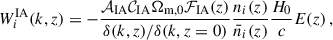 Mathematical equation: $$ \begin{aligned} W^\mathrm{IA}_i(k,z) = -\frac{\mathcal{A} _{\rm IA}\mathcal{C} _{\rm IA}\Omega _{\rm m,0}\mathcal{F} _{\rm IA}(z)}{\delta (k,z)/\delta (k,z=0)}\frac{n_i(z)}{\bar{n}_i(z)}\frac{H_0}{c}E(z)\,, \end{aligned} $$