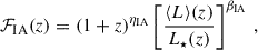 Mathematical equation: $$ \begin{aligned} \mathcal{F} _{\rm IA}(z) = (1+z)^{\eta _{\rm IA}}\left[\frac{\langle L\rangle (z)}{L_\star (z)}\right]^{\beta _{\rm IA}}\,, \end{aligned} $$