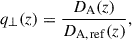 Mathematical equation: $$ \begin{aligned} q_{\perp }(z)&= \frac{D_{\rm A}(z)}{D_{\rm A,\, ref}(z)},\end{aligned} $$