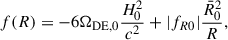 Mathematical equation: $$ \begin{aligned} f(R) = - 6 {\Omega _{\mathrm{DE} ,0}} \frac{H_0^2}{c^2} + |f_{R0}| \frac{\bar{R}_0^2}{R}, \end{aligned} $$