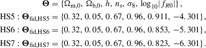 Mathematical equation: $$ \begin{aligned} \boldsymbol{\Theta }&=\{\Omega _{\rm m,0},\, \Omega _{\rm b,0},\, h,\, n_{\rm s},\, \sigma _8,\, \mathrm{log}_{10}|f_{R0}|\}\,,\nonumber \\ \mathrm{HS5} : \boldsymbol{\Theta }_{\rm fid,HS5}&=\{ 0.32,\, 0.05,\, 0.67,\, 0.96,\, 0.911,\, -4.301\}\,,\nonumber \,\\ \mathrm{HS6} :\boldsymbol{\Theta }_{\rm fid,HS6}&=\{ 0.32,\, 0.05,\, 0.67,\, 0.96,\, 0.853,\, -5.301\}\,,\nonumber \,\\ \mathrm{HS7} :\boldsymbol{\Theta }_{\rm fid,HS7}&=\{ 0.32,\, 0.05,\, 0.67,\, 0.96,\, 0.823,\, -6.301\}\,. \end{aligned} $$