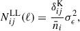 Mathematical equation: $$ \begin{aligned} N_{ij}^\mathrm{LL}(\ell )&= \frac{\delta _{ij}^\mathrm{K}}{\bar{n}_i}\sigma _\epsilon ^2,\end{aligned} $$