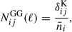 Mathematical equation: $$ \begin{aligned} N_{ij}^\mathrm{GG}(\ell )&= \frac{\delta _{ij}^\mathrm{K}}{\bar{n}_i},\end{aligned} $$
