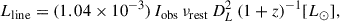 Mathematical equation: $$ \begin{aligned} L_{\rm line} = (1.04 \times 10^{-3})\, I_{\rm obs}\, \nu _{\rm rest}\, D^{2}_{L}\, (1+z)^{-1} [L_{\odot }], \end{aligned} $$