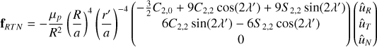 Mathematical equation: $ \mathbf{f}_{R T N}=-\frac{\mu_{p}}{R^{2}}\left(\frac{R}{a}\right)^{4}\left(\frac{r^{\prime}}{a}\right)^{-4}\left(\begin{array}{c} -\frac{3}{2} C_{2,0}+9 C_{2,2} \cos \left(2 \lambda^{\prime}\right)+9 S_{2,2} \sin \left(2 \lambda^{\prime}\right) \\ 6 C_{2,2} \sin \left(2 \lambda^{\prime}\right)-6 S_{2,2} \cos \left(2 \lambda^{\prime}\right) \\ 0 \end{array}\right)\left(\begin{array}{c} \hat{u}_{R} \\ \hat{u}_{T} \\ \hat{u}_{N} \end{array}\right) $
