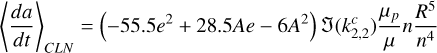Mathematical equation: $\left\langle\frac{d a}{d t}\right\rangle_{C L N}=\left(-55.5 e^{2}+28.5 A e-6 A^{2}\right) \mathfrak{J}\left(k_{2,2}^{c}\right) \frac{\mu_{p}}{\mu} n \frac{R^{5}}{n^{4}}$