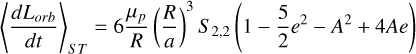 Mathematical equation: $\left\langle\frac{d L_{{orb}}}{d t}\right\rangle_{S T}=6 \frac{\mu_{p}}{R}\left(\frac{R}{a}\right)^{3} S_{2,2}\left(1-\frac{5}{2} e^{2}-A^{2}+4 A e\right)$