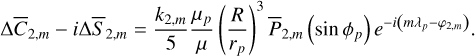 Mathematical equation: $\Delta \bar{C}_{2, m}-i \Delta \bar{S}_{2, m}=\frac{k_{2, m}}{5} \frac{\mu_{p}}{\mu}\left(\frac{R}{r_{p}}\right)^{3} \bar{P}_{2, m}\left(\sin \phi_{p}\right) e^{-i\left(m \lambda_{p}-\varphi_{2, m}\right)}.$