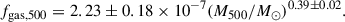 Mathematical equation: $$ \begin{aligned} f_\mathrm{gas,500} = 2.23\pm {0.18}\times 10^{-7} (M_{500}/M_{\odot })^{0.39\pm 0.02}. \end{aligned} $$