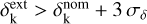 Mathematical equation: $\[\delta_{\mathrm{k}}^{\text {ext}}>\delta_{\mathrm{k}}^{\text {nom}}+3 ~\sigma_{\delta}\]$