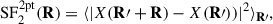 Mathematical equation: $$ \begin{aligned} \mathrm{SF^{2pt}_{2}(\mathbf R)} = \langle |X(\mathbf{R}\prime +\mathbf{R})-X(\mathbf{R}\prime ))|^ 2\rangle _{\mathbf{R}\prime } , \end{aligned} $$