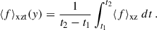 Mathematical equation: $$ \begin{aligned} \langle f \rangle _{\rm xzt}(y)&= \frac{1}{t_{\rm 2} - t_{\rm 1}} \int _{t_{\rm 1}}^{t_{\rm 2}} \langle f \rangle _{\rm xz} \; dt \, . \end{aligned} $$