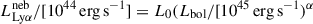 Mathematical equation: $ L_\mathrm{{Ly}\alpha}^\mathrm{{neb}}/[10^{44}\,\mathrm{{erg\,s}^{-1}}]=L_0(L_\mathrm{{bol}}/[10^{45}\,\mathrm{{erg\,s}^{-1}})^\alpha $