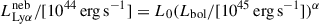 Mathematical equation: $ L_\mathrm{{Ly}\alpha}^\mathrm{{neb}}/[10^{44}\,\mathrm{{erg\,s}^{-1}}]=L_0(L_\mathrm{{bol}}/[10^{45}\,\mathrm{{erg\,s}^{-1}}])^\alpha $