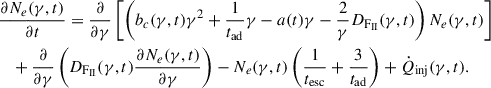 Mathematical equation: $$ \begin{aligned}&\frac{\partial N_e(\gamma ,t)}{\partial t} = \frac{\partial }{\partial \gamma }\left[\left(b_c(\gamma ,t)\gamma ^2+\frac{1}{t_{\rm {ad}}}\gamma -a(t)\gamma -\frac{2}{\gamma } D_{\rm {F}_{\rm {II}}}(\gamma ,t)\right)N_e(\gamma ,t)\right] \nonumber \\&\quad +\frac{\partial }{\partial \gamma }\left(D_{\rm {F}_{\rm {II}}}(\gamma ,t)\frac{\partial N_e(\gamma ,t)}{\partial \gamma }\right) -N_e(\gamma ,t)\left(\frac{1}{t_{\rm {esc}}}+\frac{3}{t_{\rm {ad}}}\right)+\dot{Q}_{\rm {inj}}(\gamma ,t). \end{aligned} $$