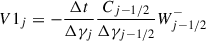 Mathematical equation: $$ \begin{aligned} V1_j&= -\frac{\Delta t}{\Delta \gamma _j}\frac{C_{j-1/2}}{\Delta \gamma _{j-1/2}}W_{j-1/2}^- \end{aligned} $$