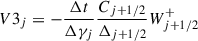 Mathematical equation: $$ \begin{aligned} V3_j&= -\frac{\Delta t}{\Delta \gamma _{j}}\frac{C_{j+1/2}}{\Delta _{j+1/2}}W_{j+1/2}^+ \end{aligned} $$