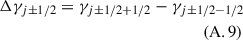 Mathematical equation: $$ \begin{aligned} \Delta \gamma _{j\pm 1/2}= \gamma _{j\pm 1/2+1/2} &- \gamma _{j\pm 1/2-1/2} \\ & \quad \quad\quad\quad (\rm A.9) \end{aligned} $$