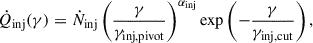 Mathematical equation: $$ \begin{aligned} \dot{Q}_{\rm {inj}}(\gamma ) = \dot{N}_{\rm {inj}}\left(\frac{\gamma }{\gamma _{\rm {inj,pivot}}}\right)^{\alpha _{\rm {inj}}}\exp \left(-\frac{\gamma }{\gamma _{\rm {inj,cut}}}\right), \end{aligned} $$