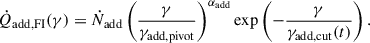Mathematical equation: $$ \begin{aligned} \dot{Q}_{\rm {add, FI}}(\gamma ) = \dot{N}_{\rm {add}}\left(\frac{\gamma }{\gamma _{\rm {add,pivot}}}\right)^{\alpha _{\rm {add}}}\exp \left(-\frac{\gamma }{\gamma _{\rm {add,cut}}(t)}\right). \end{aligned} $$