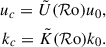 Mathematical equation: $$ \begin{aligned} \begin{aligned} u_c = \tilde{U}({\mathcal{R} \mathrm{o}}) u_0, \\ k_c = \tilde{K}({\mathcal{R} \mathrm{o}}) k_0. \end{aligned} \end{aligned} $$